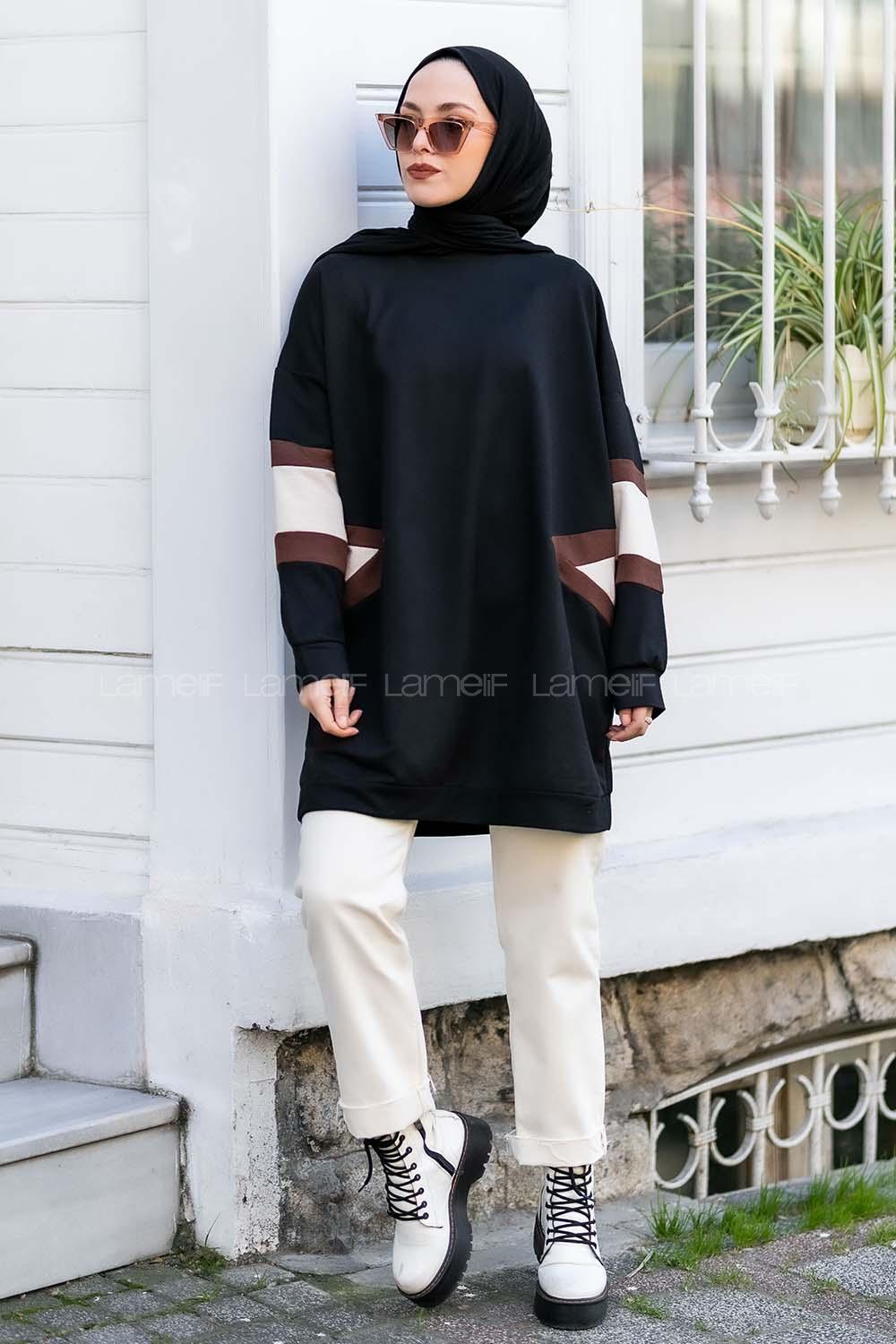 Modalamelif Kolları Renk Garnili Şerit Desenli Sweat Tunik Siyah