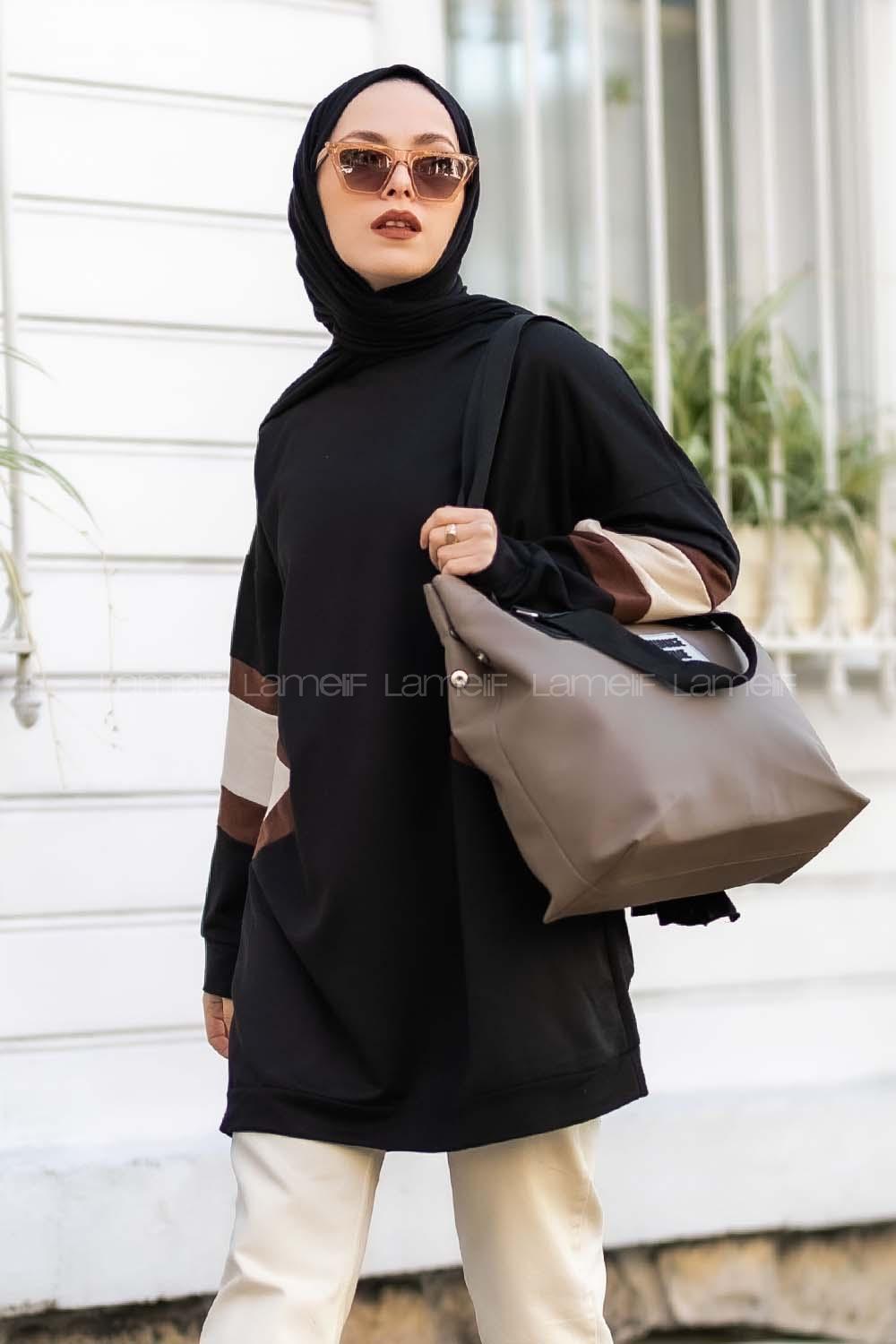 Modalamelif Kolları Renk Garnili Şerit Desenli Sweat Tunik Siyah