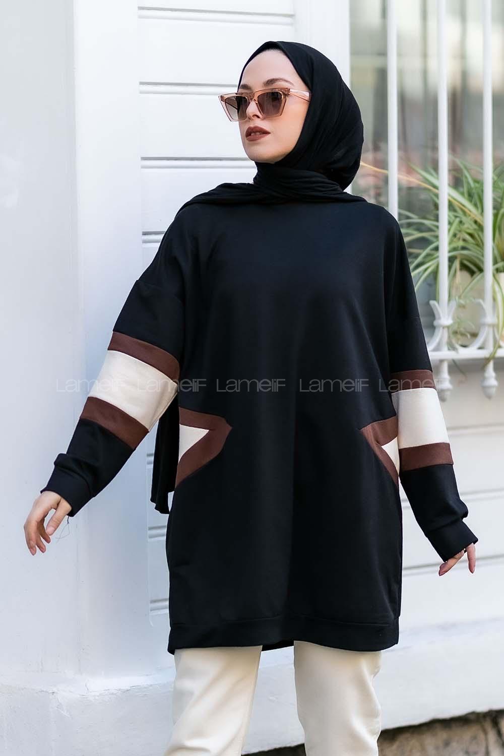 Modalamelif Kolları Renk Garnili Şerit Desenli Sweat Tunik Siyah