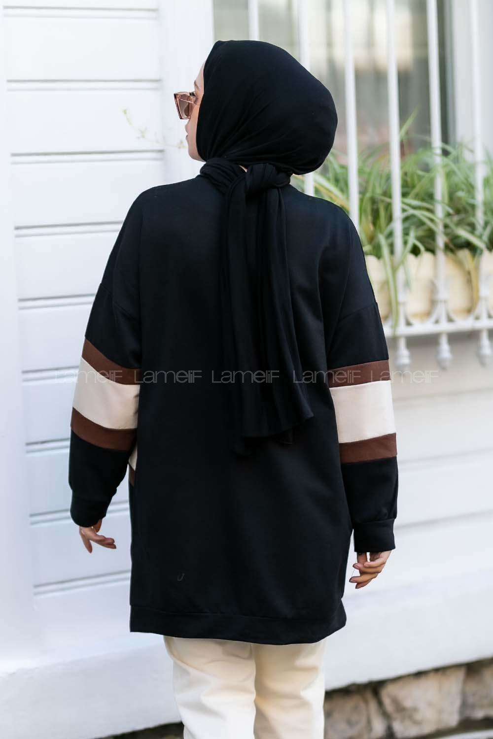 Modalamelif Kolları Renk Garnili Şerit Desenli Sweat Tunik Siyah