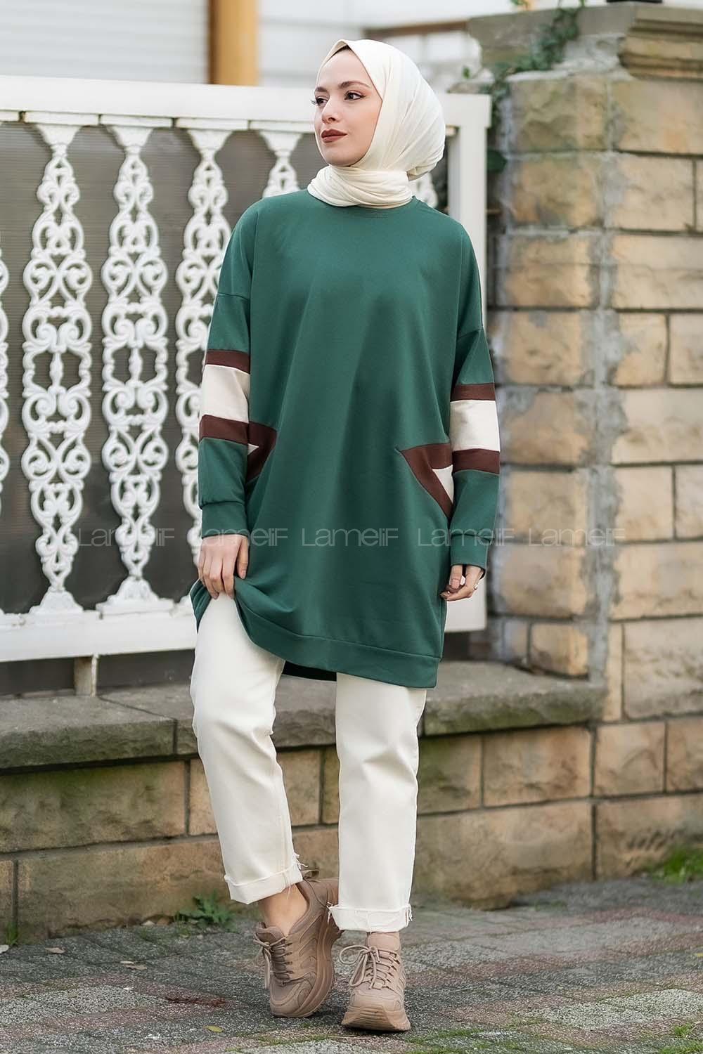 Modalamelif Kolları Renk Garnili Şerit Desenli Sweat Tunik Yeşil