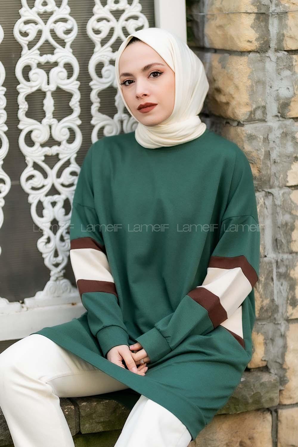 Modalamelif Kolları Renk Garnili Şerit Desenli Sweat Tunik Yeşil