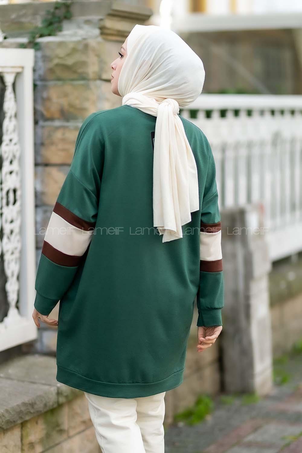 Modalamelif Kolları Renk Garnili Şerit Desenli Sweat Tunik Yeşil