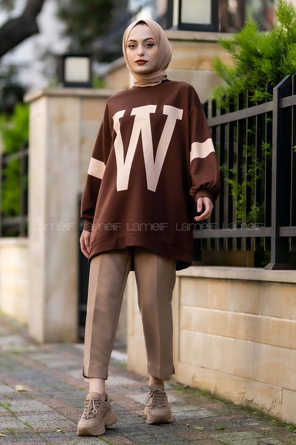 Modalamelif W Baskılı Kol Şerit Sweat Tunik Acıkahve