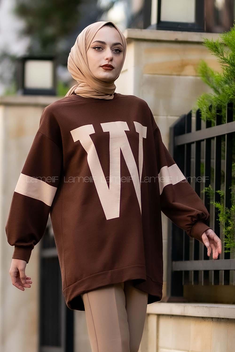 Modalamelif W Baskılı Kol Şerit Sweat Tunik Acıkahve