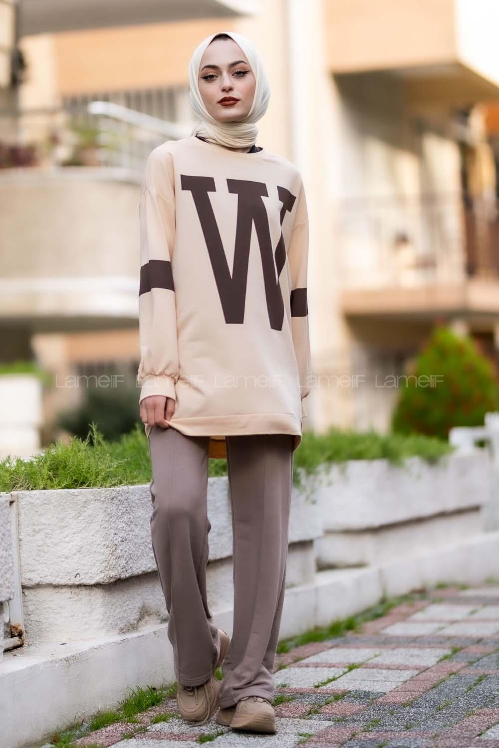 Modalamelif W Baskılı Kol Şerit Sweat Tunik Krem