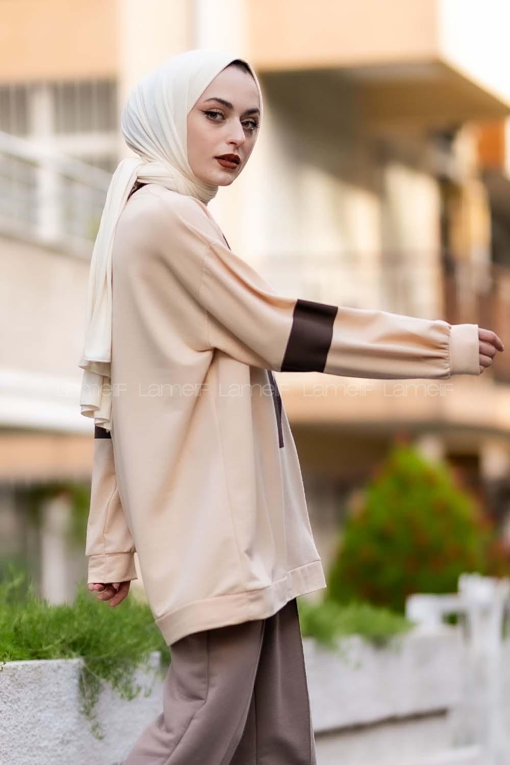 Modalamelif W Baskılı Kol Şerit Sweat Tunik Krem