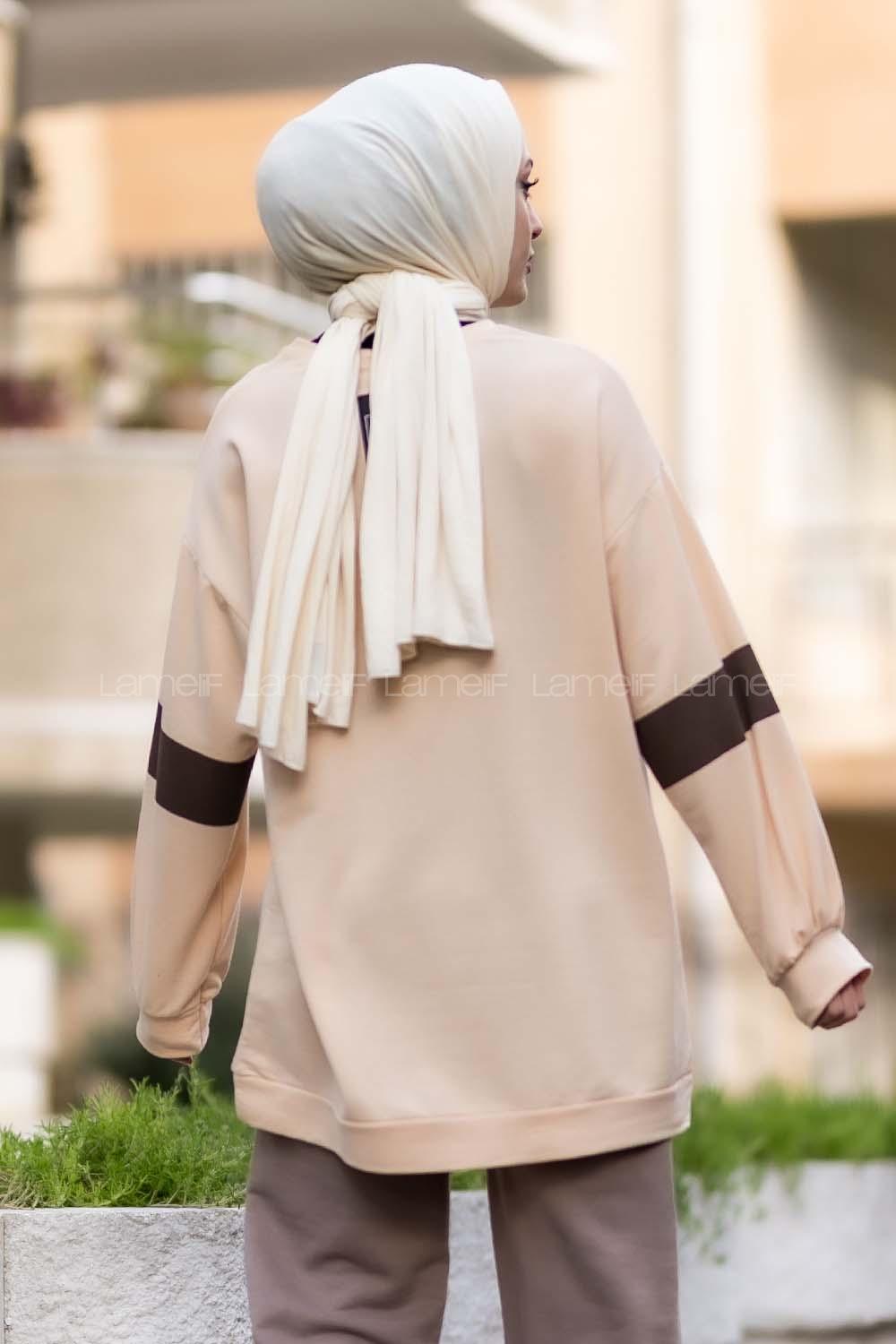 Modalamelif W Baskılı Kol Şerit Sweat Tunik Krem