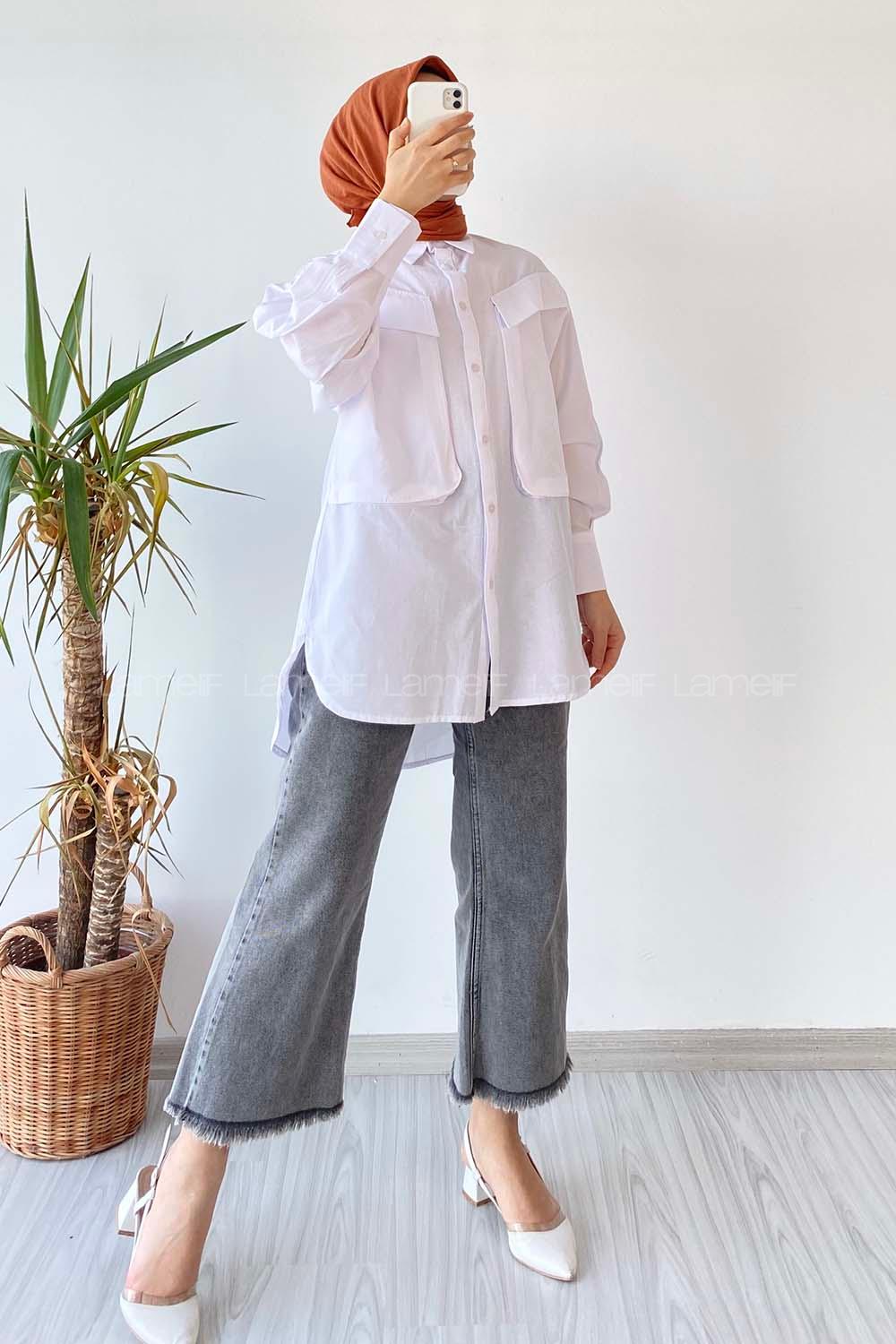 Modalamelif Asimetrik Bombe Cep Detaylı Gömlek Beyaz