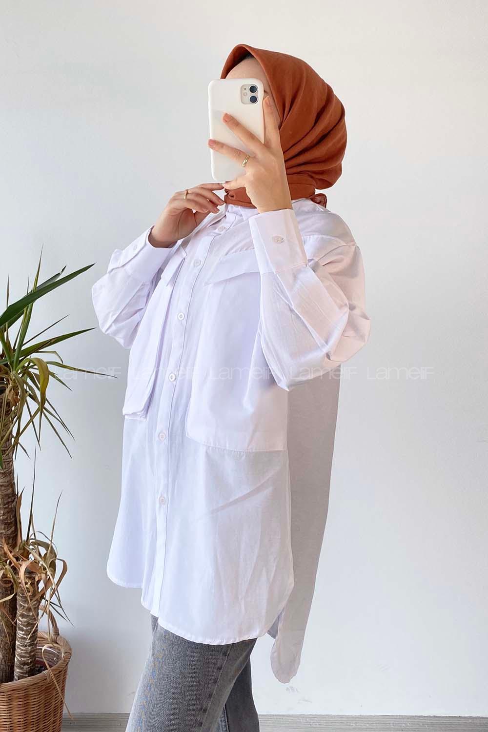 Modalamelif Asimetrik Bombe Cep Detaylı Gömlek Beyaz