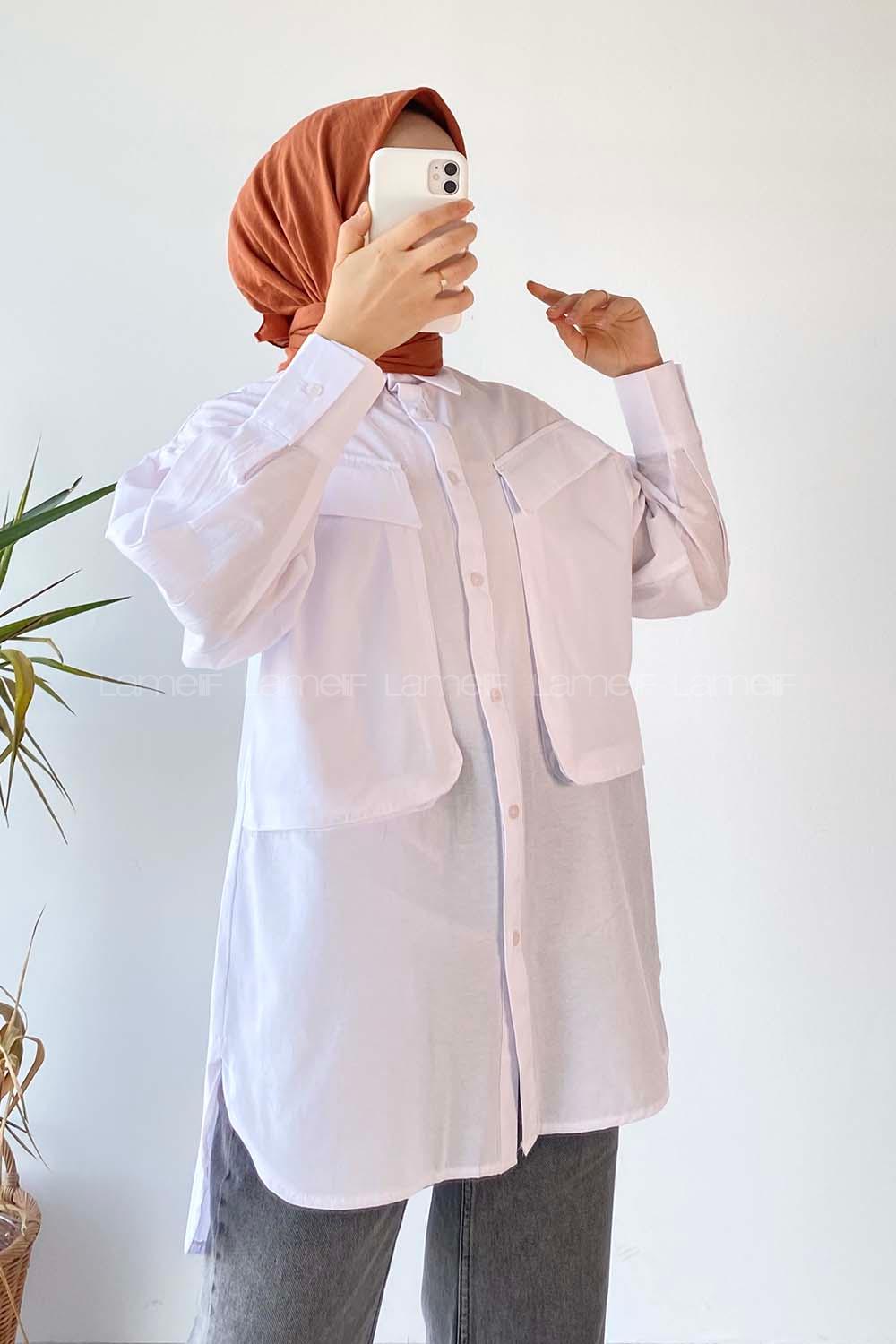 Modalamelif Asimetrik Bombe Cep Detaylı Gömlek Beyaz