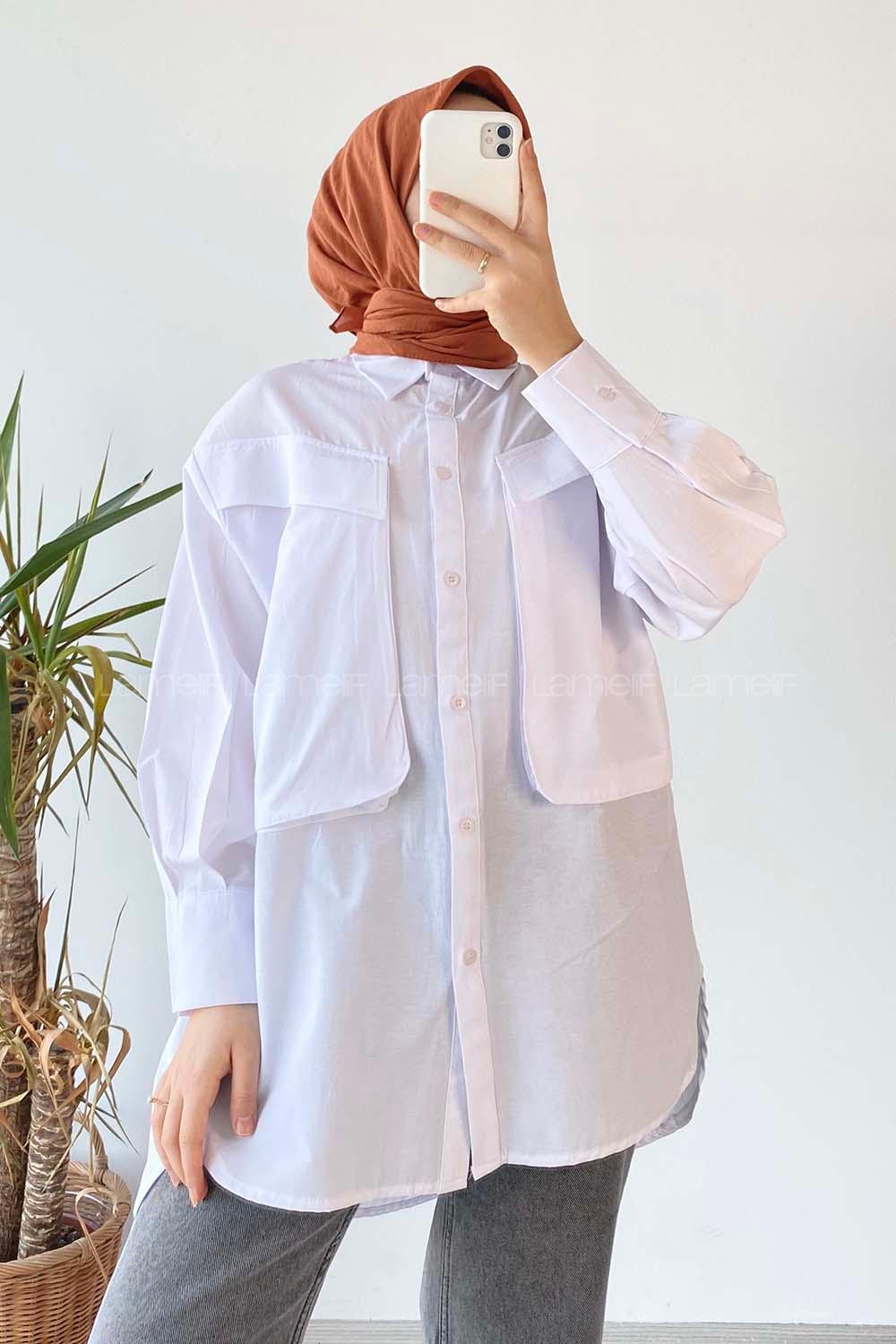 Modalamelif Asimetrik Bombe Cep Detaylı Gömlek Beyaz