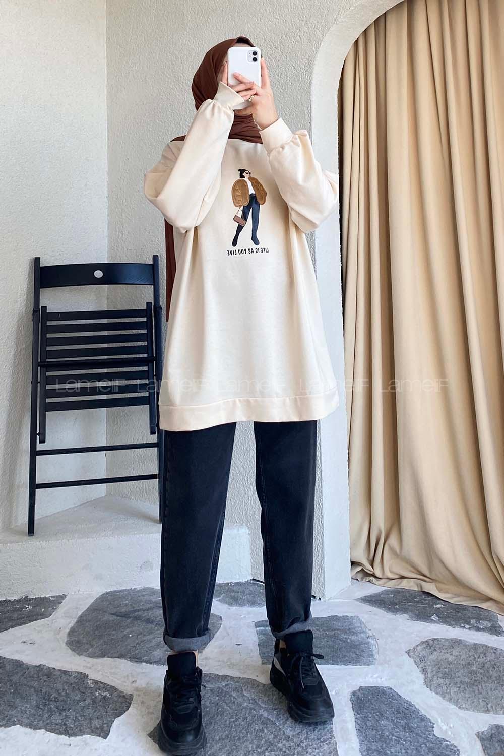 Modalamelif Bisiklet Yaka Girl Nakış Detaylı Sweat Krem