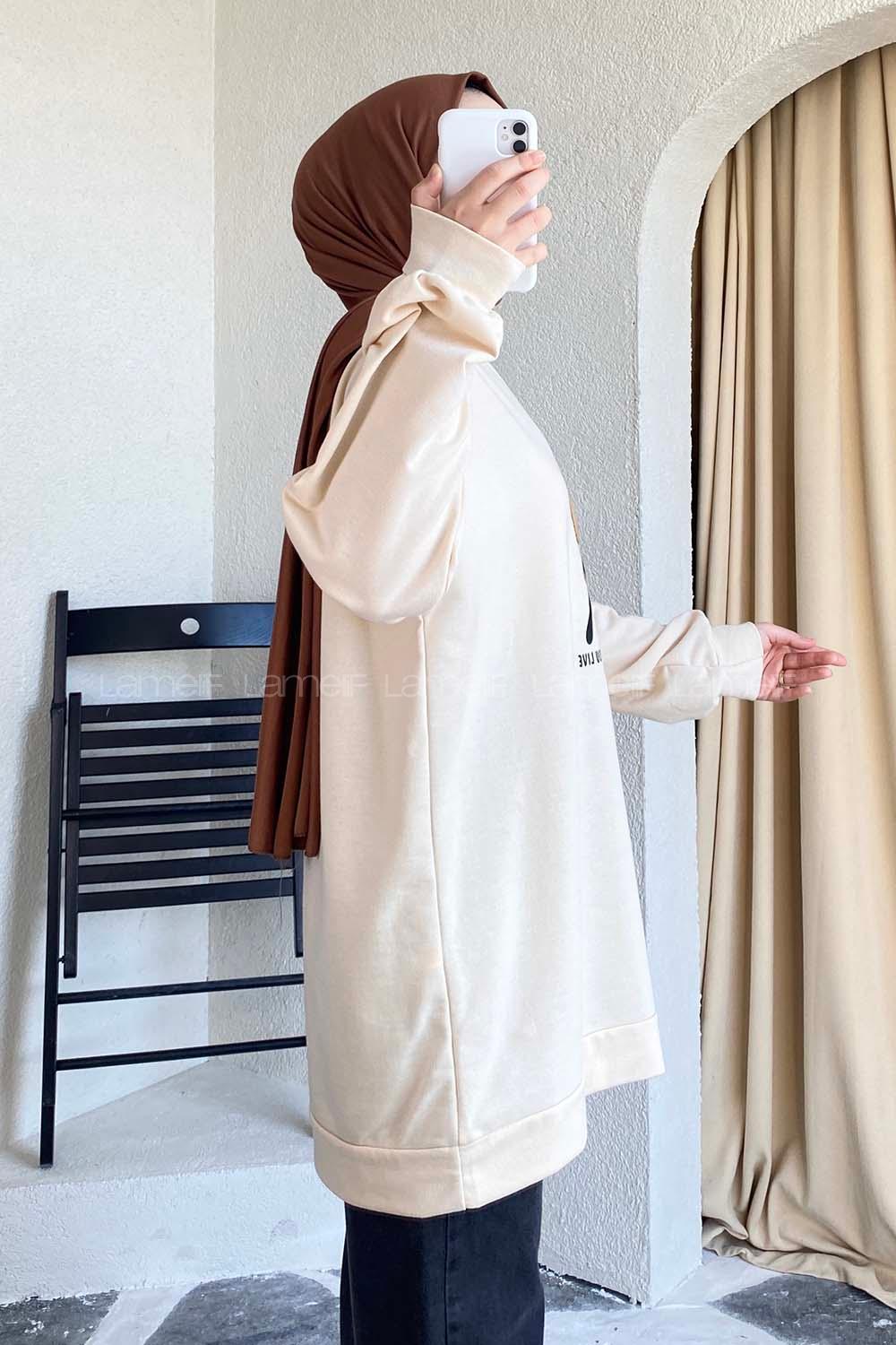 Modalamelif Bisiklet Yaka Girl Nakış Detaylı Sweat Krem