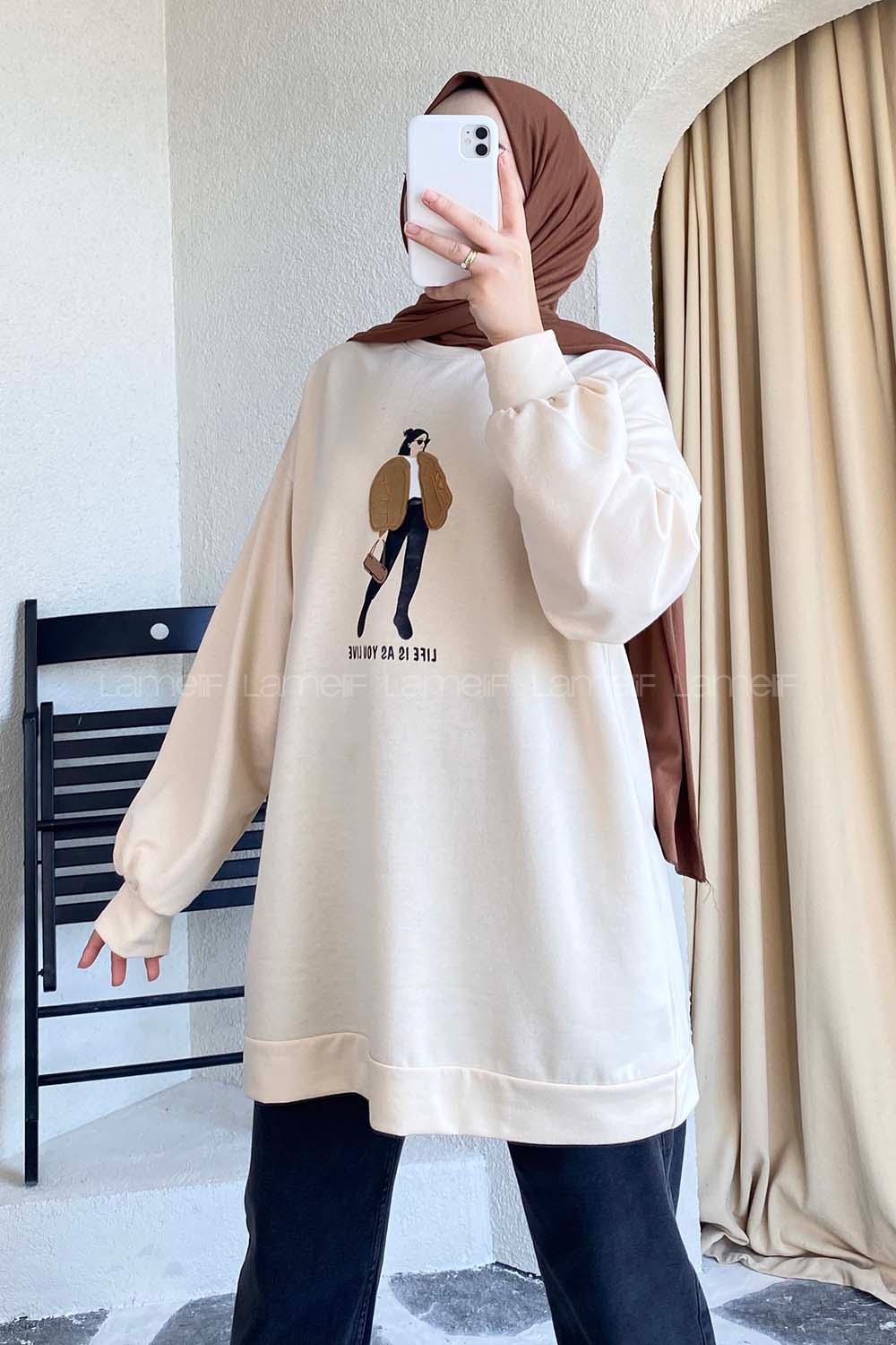 Modalamelif Bisiklet Yaka Girl Nakış Detaylı Sweat Krem