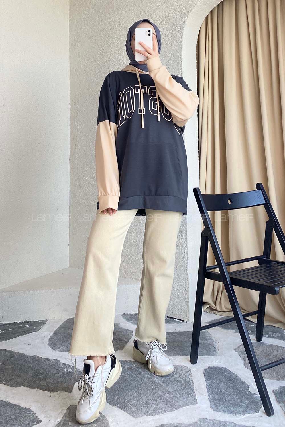 Modalamelif Boston Baskılı Garnili Sweat Füme