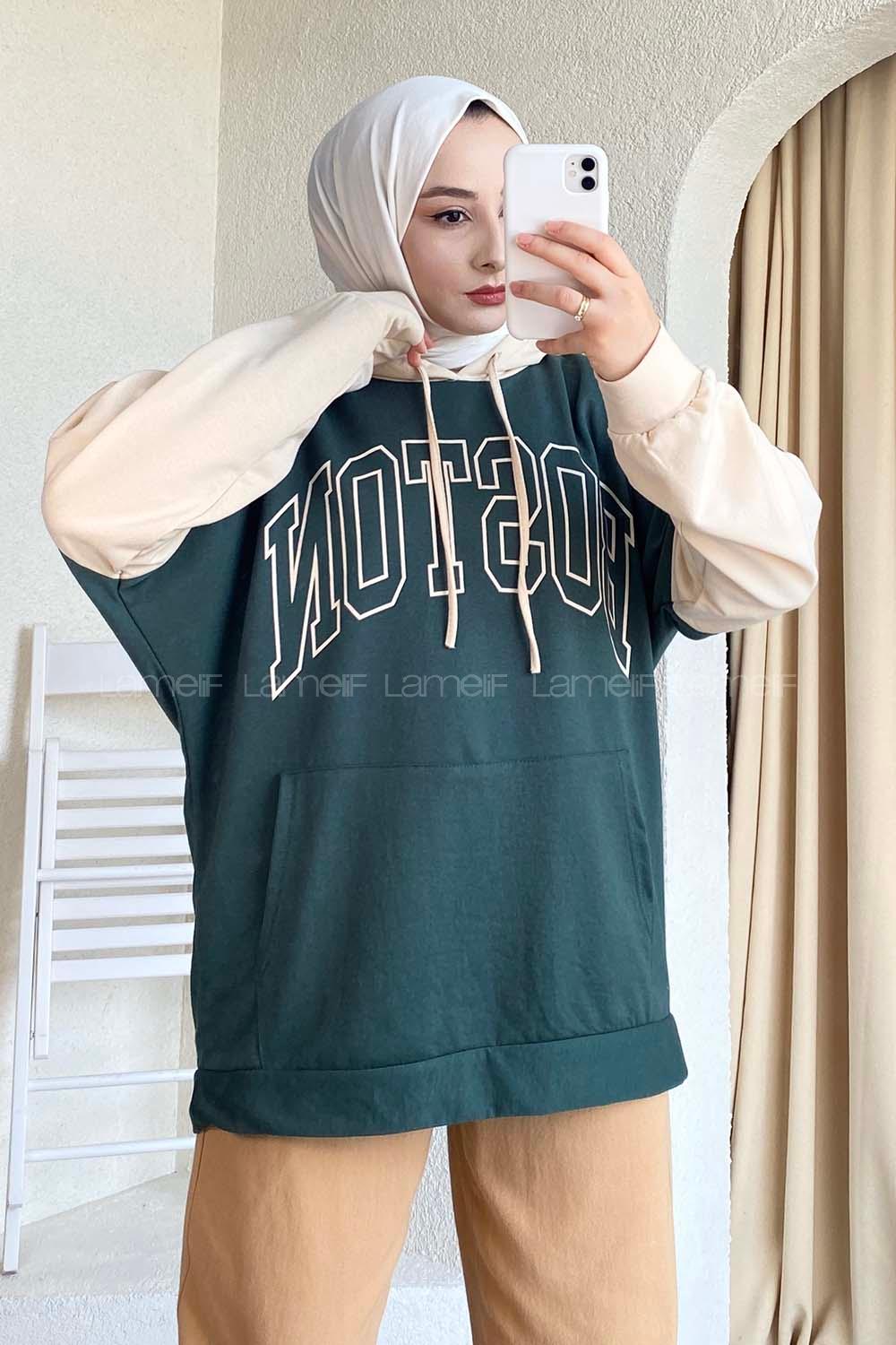 Modalamelif Boston Baskılı Garnili Sweat Zümrüt