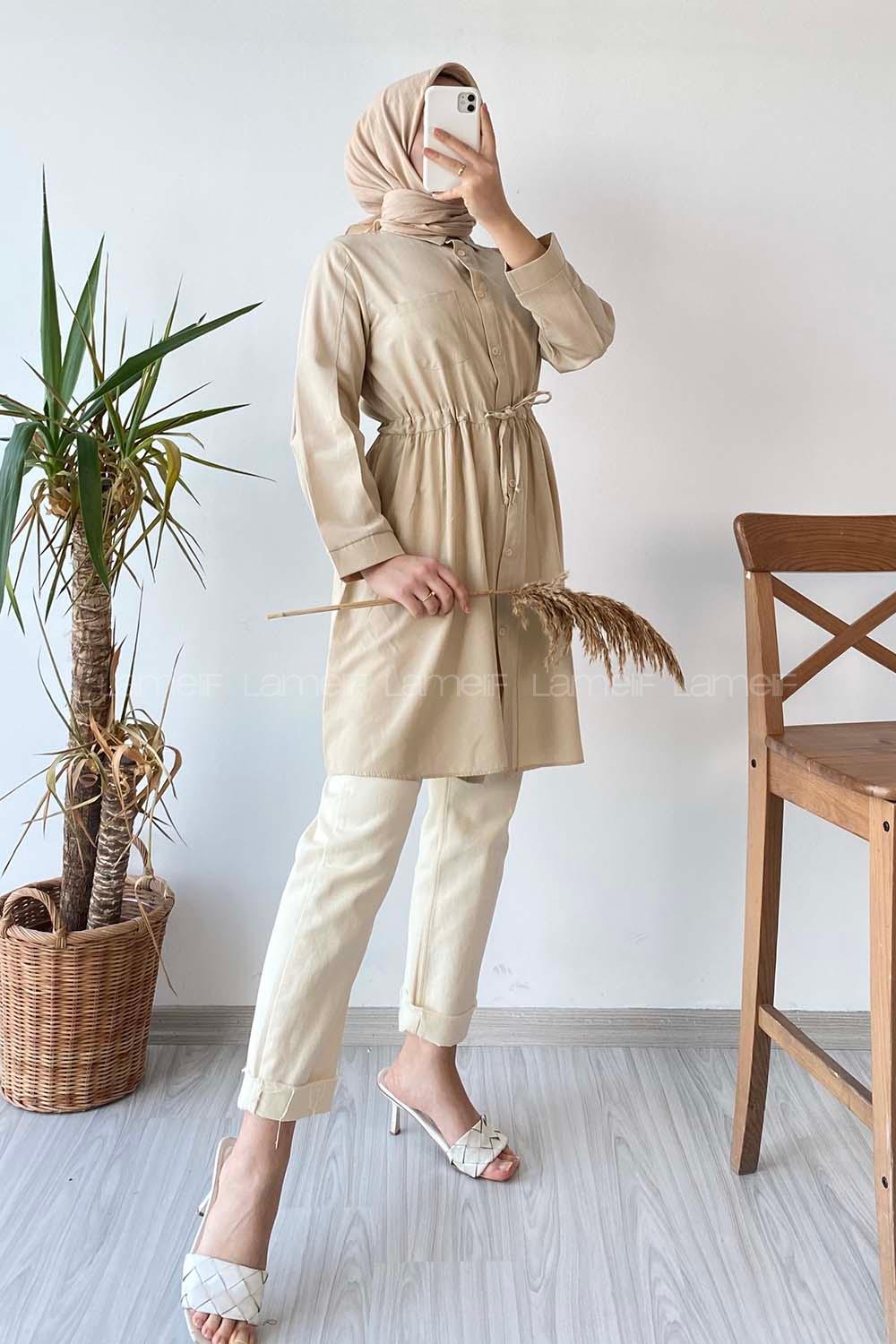 Modalamelif Gömlek Yaka Beli Bağcıklı Tunik Bej