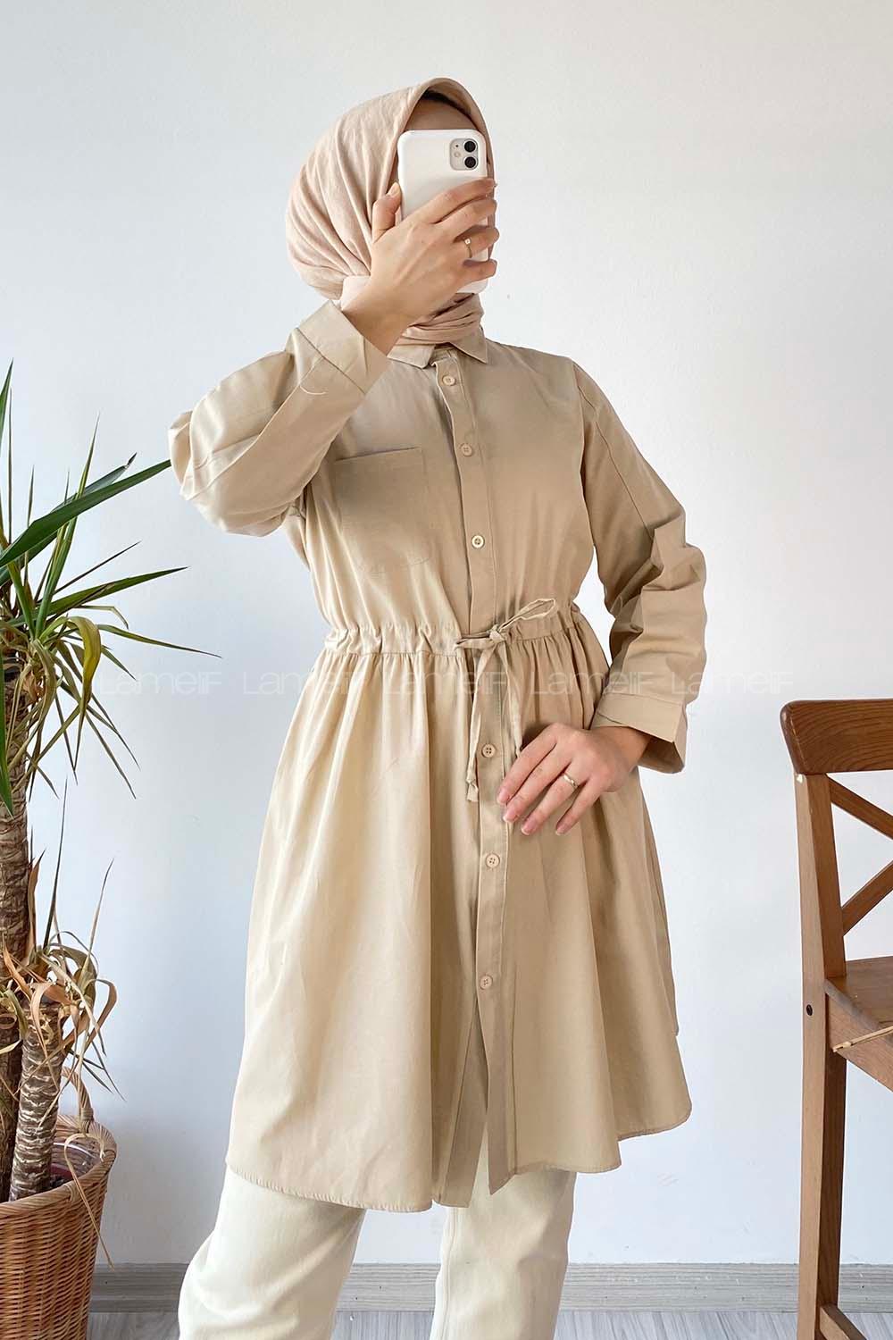 Modalamelif Gömlek Yaka Beli Bağcıklı Tunik Bej