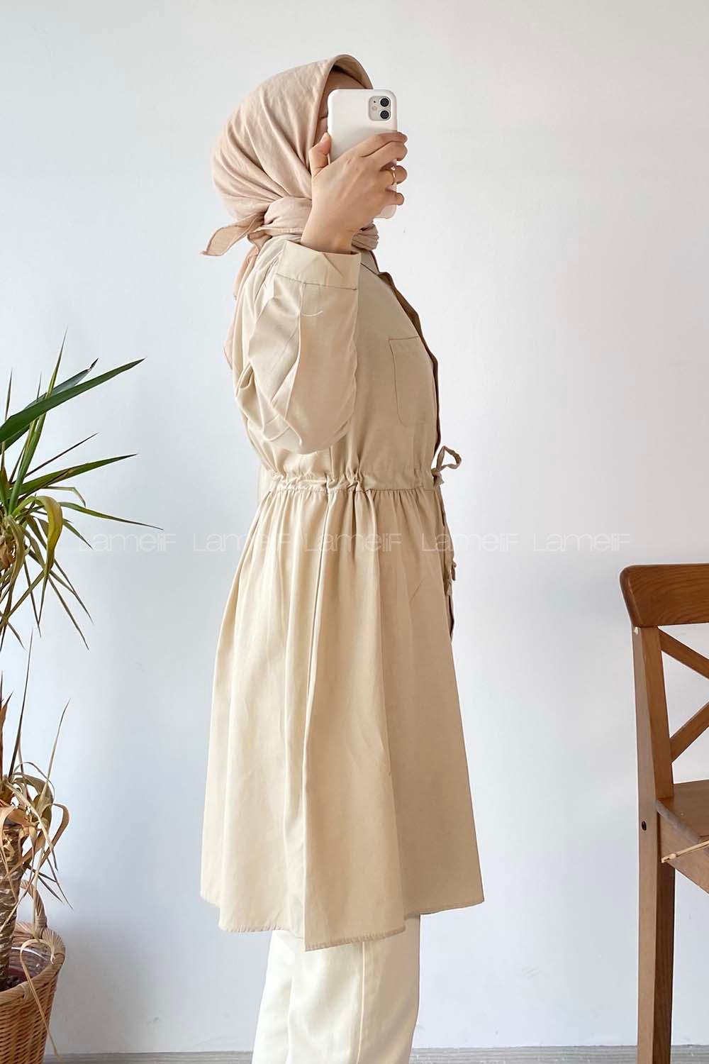 Modalamelif Gömlek Yaka Beli Bağcıklı Tunik Bej