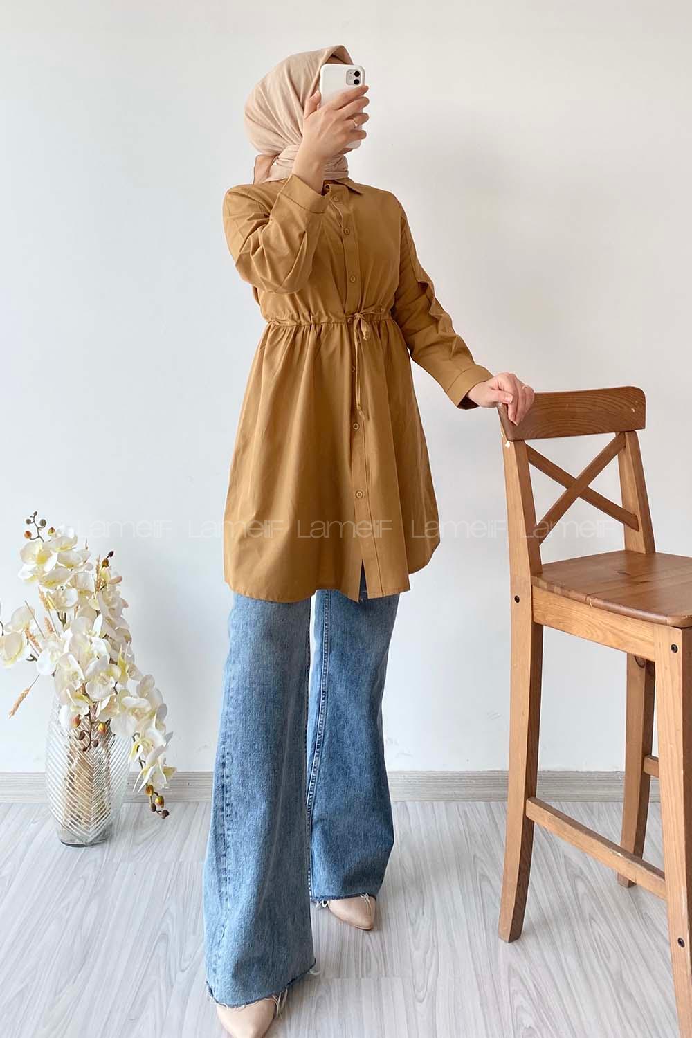 Modalamelif Gömlek Yaka Beli Bağcıklı Tunik Camel