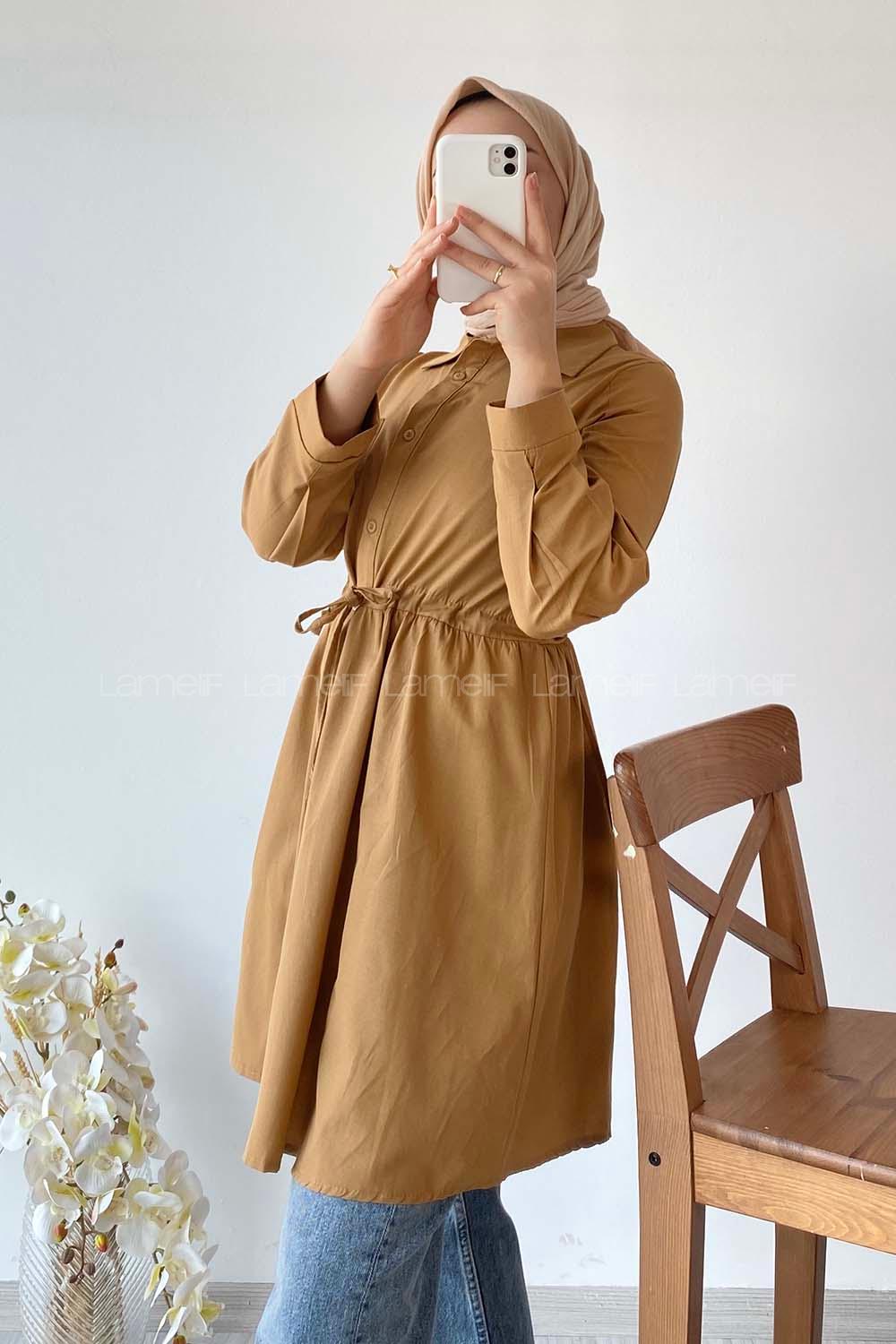 Modalamelif Gömlek Yaka Beli Bağcıklı Tunik Camel