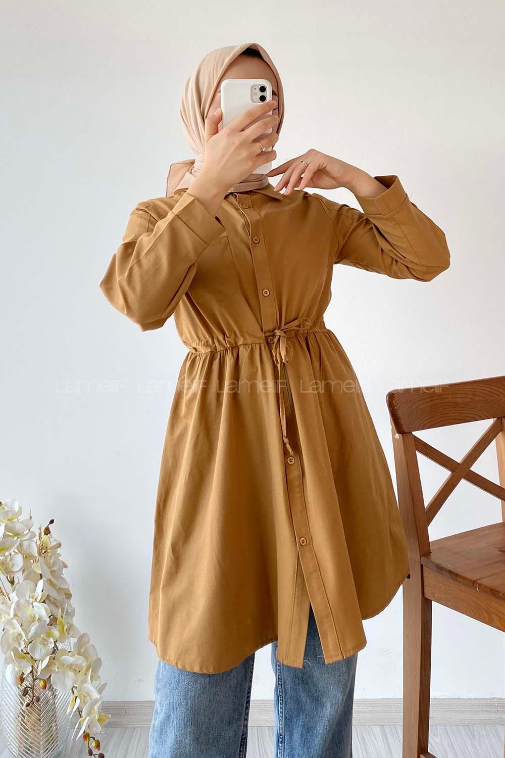 Modalamelif Gömlek Yaka Beli Bağcıklı Tunik Camel