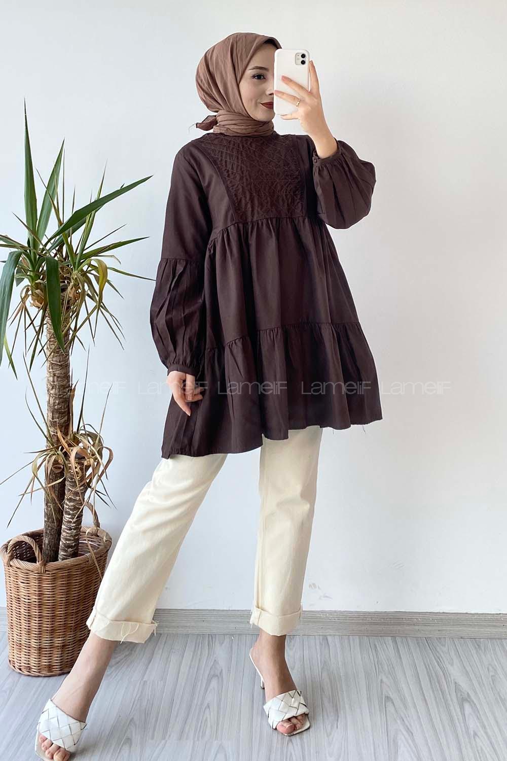 Modalamelif Hakim Yaka Eteği Fırfırlı Tunik Acıkahve