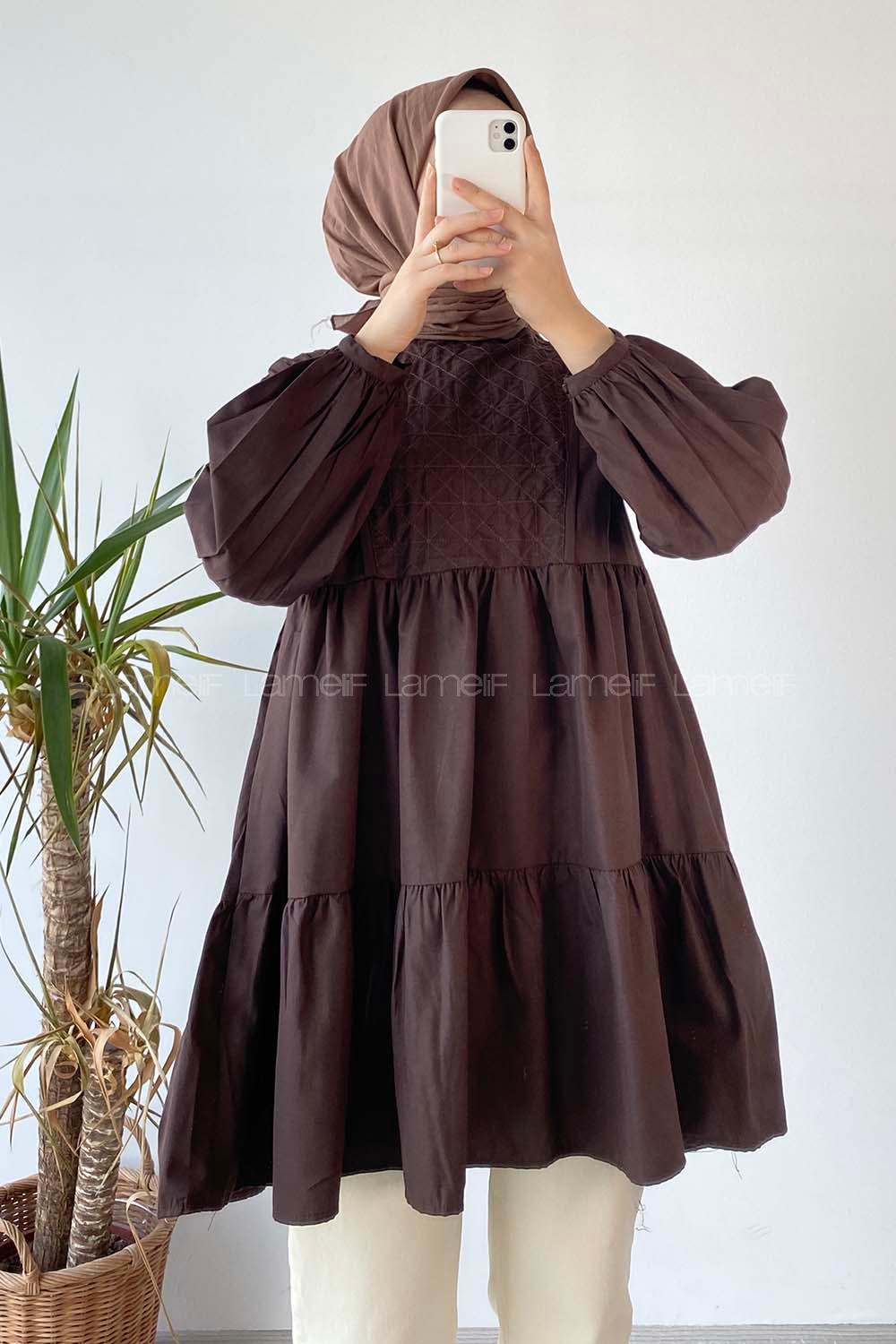 Modalamelif Hakim Yaka Eteği Fırfırlı Tunik Acıkahve