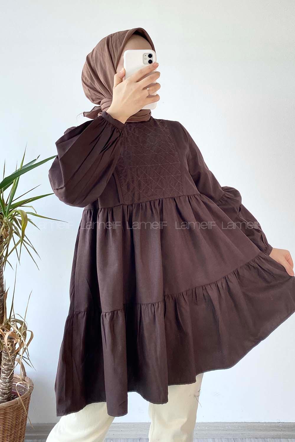 Modalamelif Hakim Yaka Eteği Fırfırlı Tunik Acıkahve