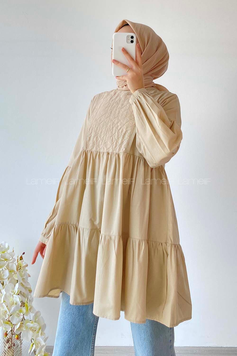 Modalamelif Hakim Yaka Eteği Fırfırlı Tunik Bej