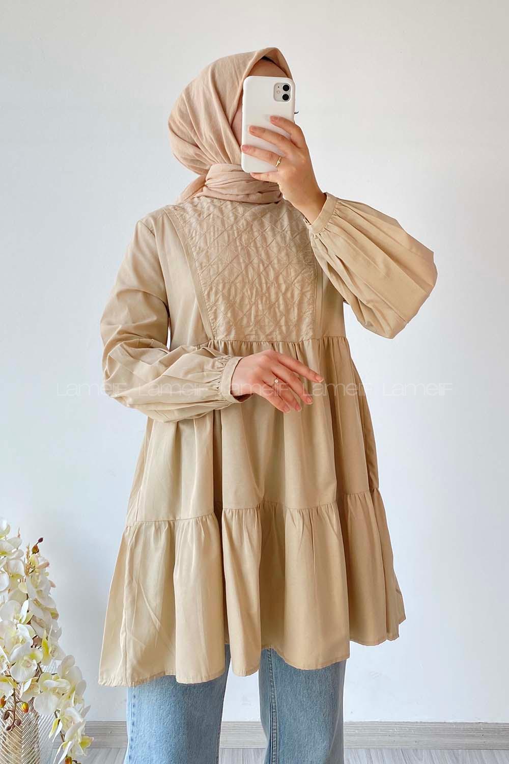 Modalamelif Hakim Yaka Eteği Fırfırlı Tunik Bej
