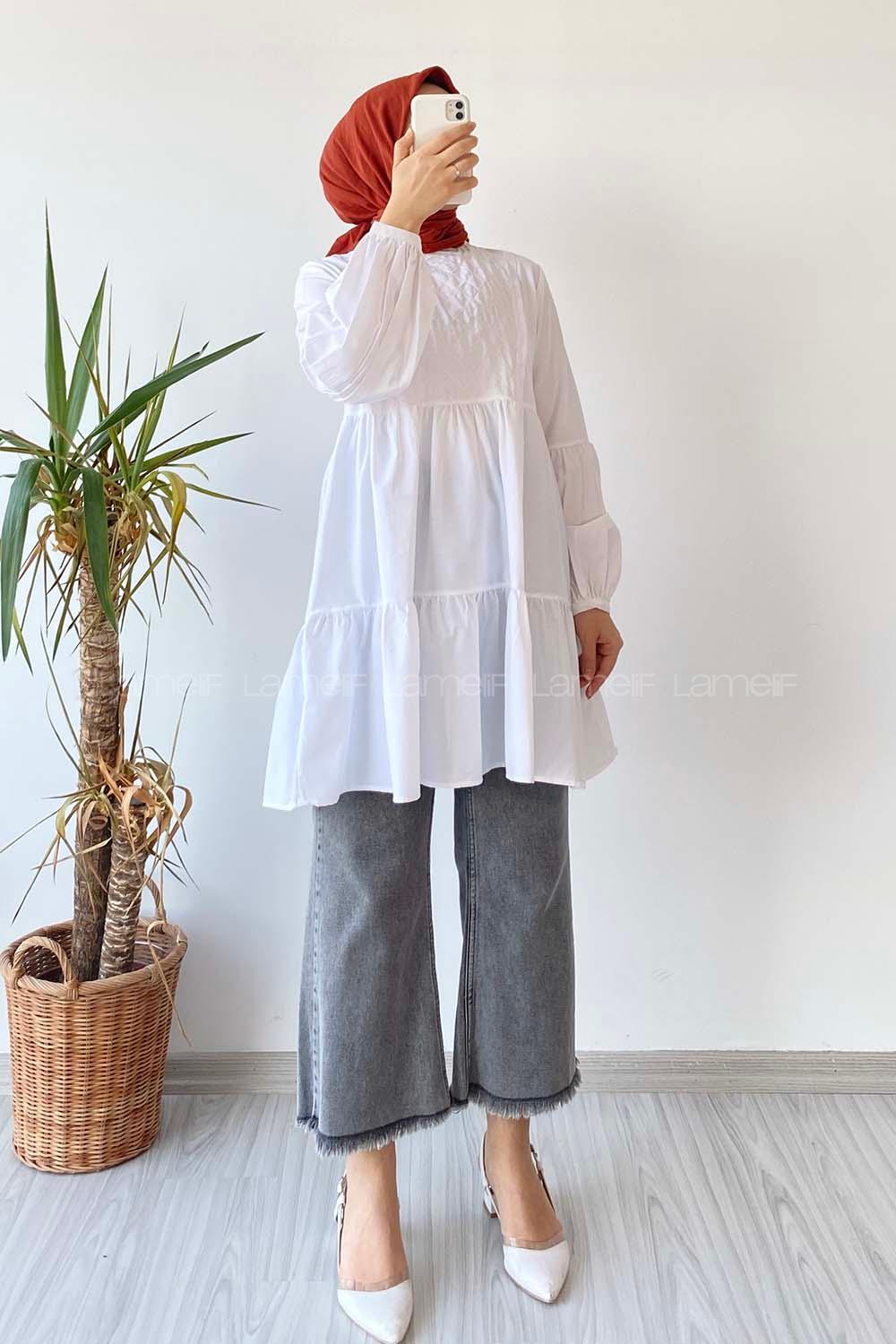 Modalamelif Hakim Yaka Eteği Fırfırlı Tunik Beyaz