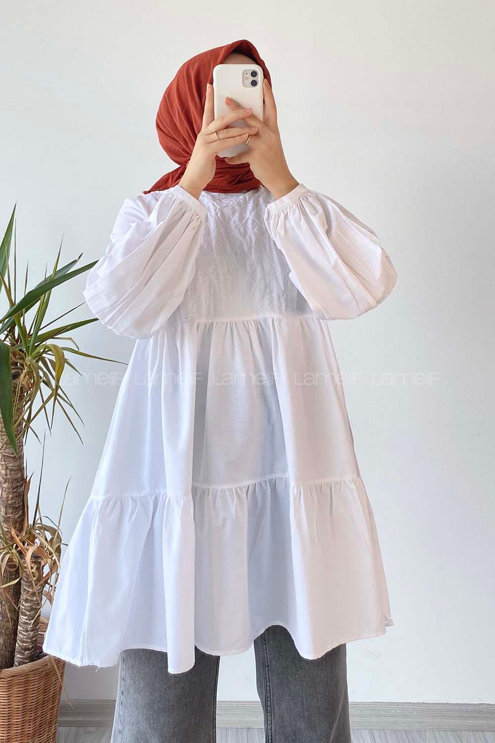 Modalamelif Hakim Yaka Eteği Fırfırlı Tunik Beyaz