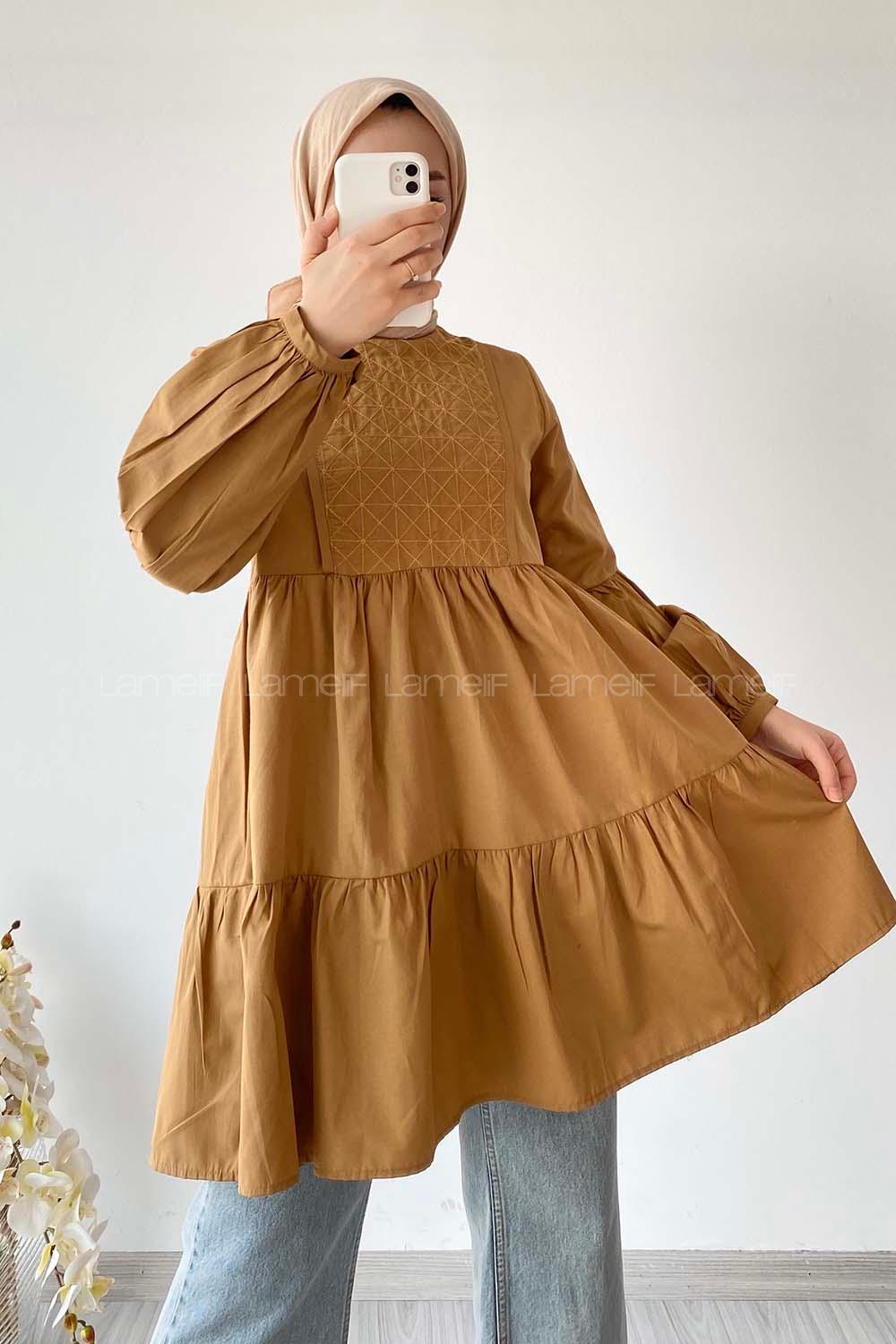 Modalamelif Hakim Yaka Eteği Fırfırlı Tunik Camel