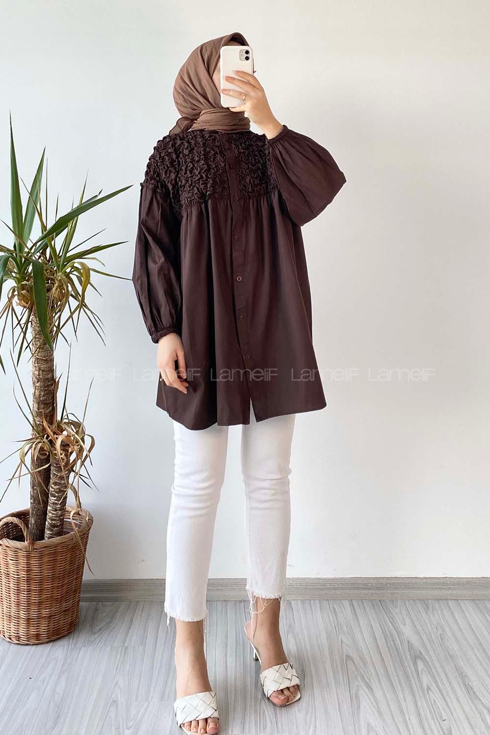 Modalamelif Hakim Yaka Fırfırlı Büzgülü Tunik Acıkahve
