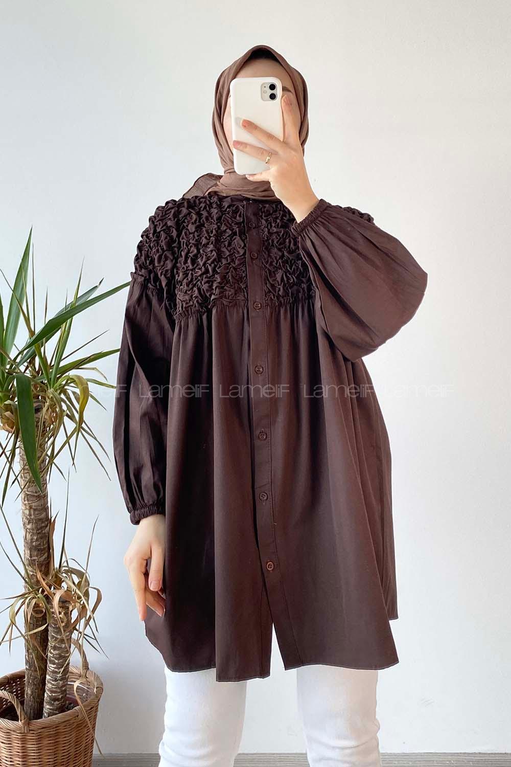 Modalamelif Hakim Yaka Fırfırlı Büzgülü Tunik Acıkahve