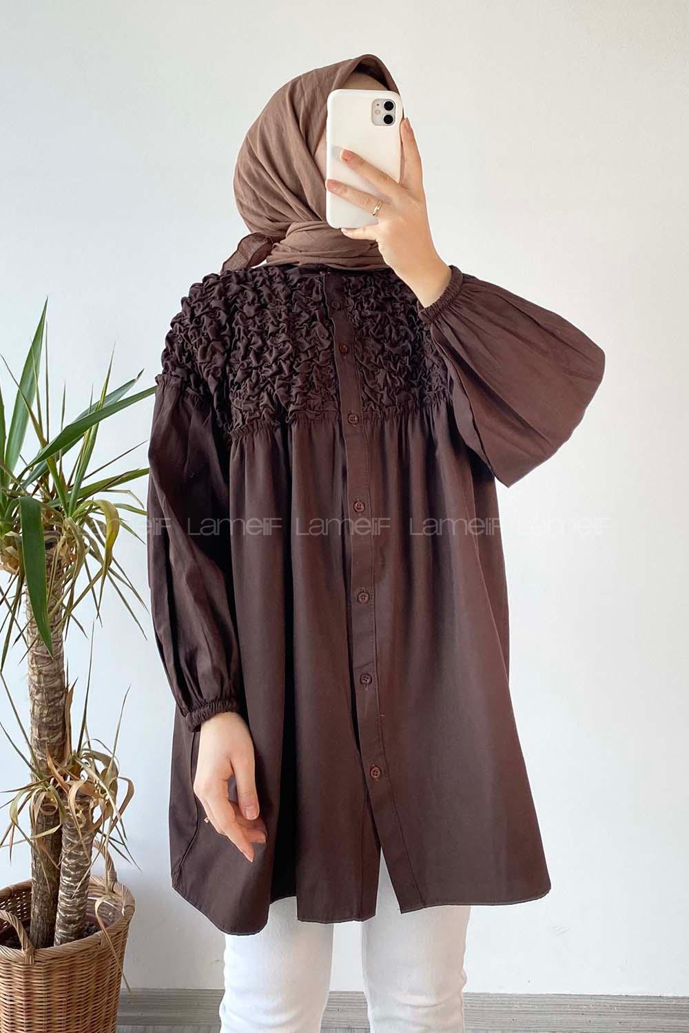 Modalamelif Hakim Yaka Fırfırlı Büzgülü Tunik Acıkahve