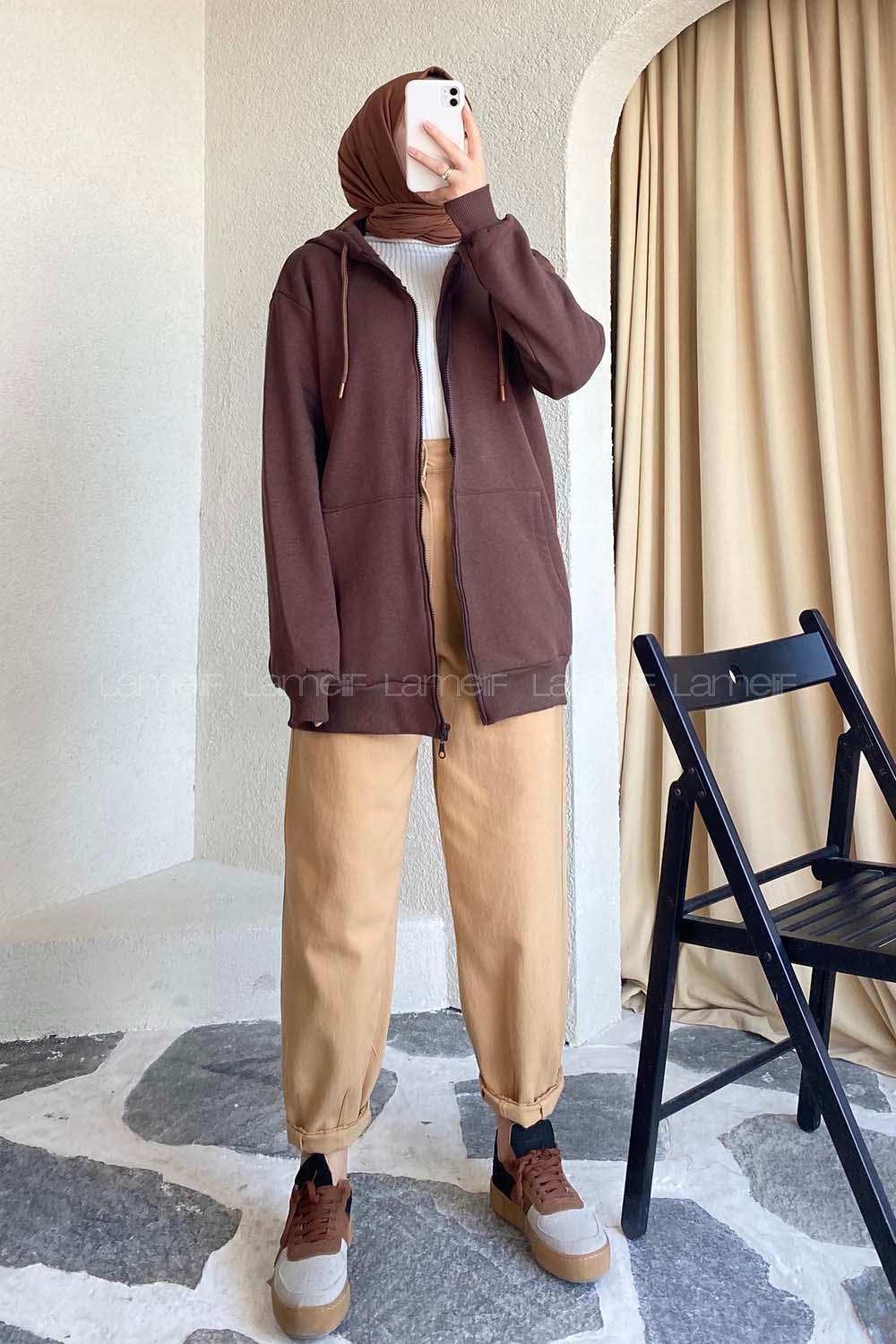 Modalamelif Kapüşonlu Boydan Fermuarlı Kanguru Cepli Hırka Acı Kahve