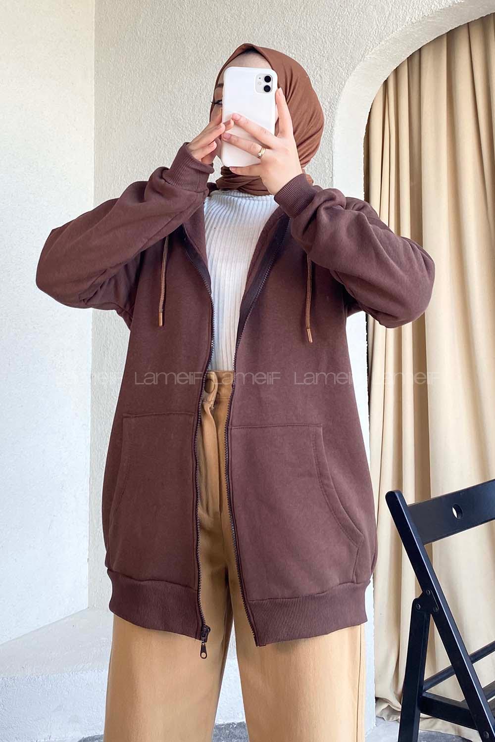 Modalamelif Kapüşonlu Boydan Fermuarlı Kanguru Cepli Hırka Acı Kahve