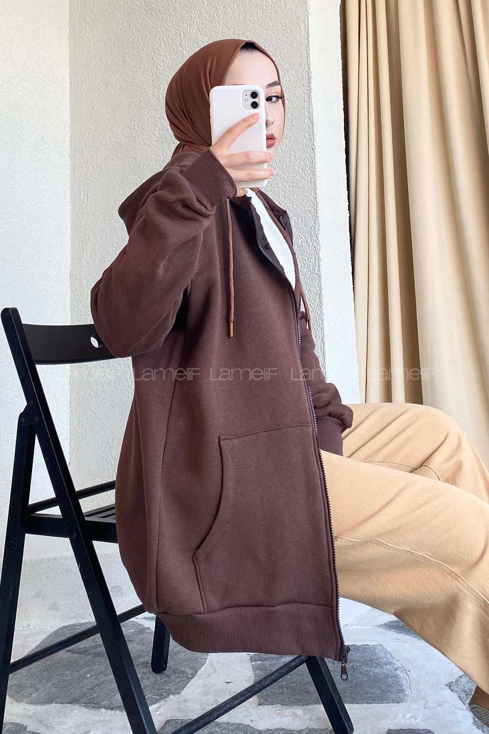 Modalamelif Kapüşonlu Boydan Fermuarlı Kanguru Cepli Hırka Acı Kahve