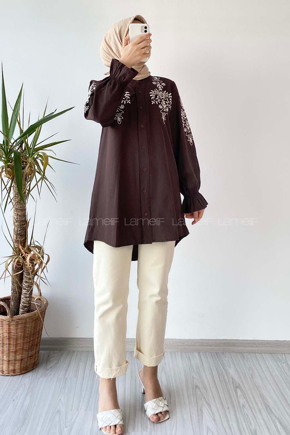 Modalamelif Kol Lastikli Nakış İşlemeli Gömlek Acıkahve