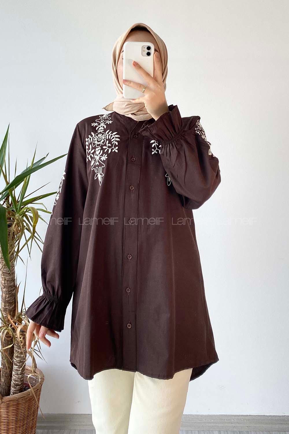 Modalamelif Kol Lastikli Nakış İşlemeli Gömlek Acıkahve