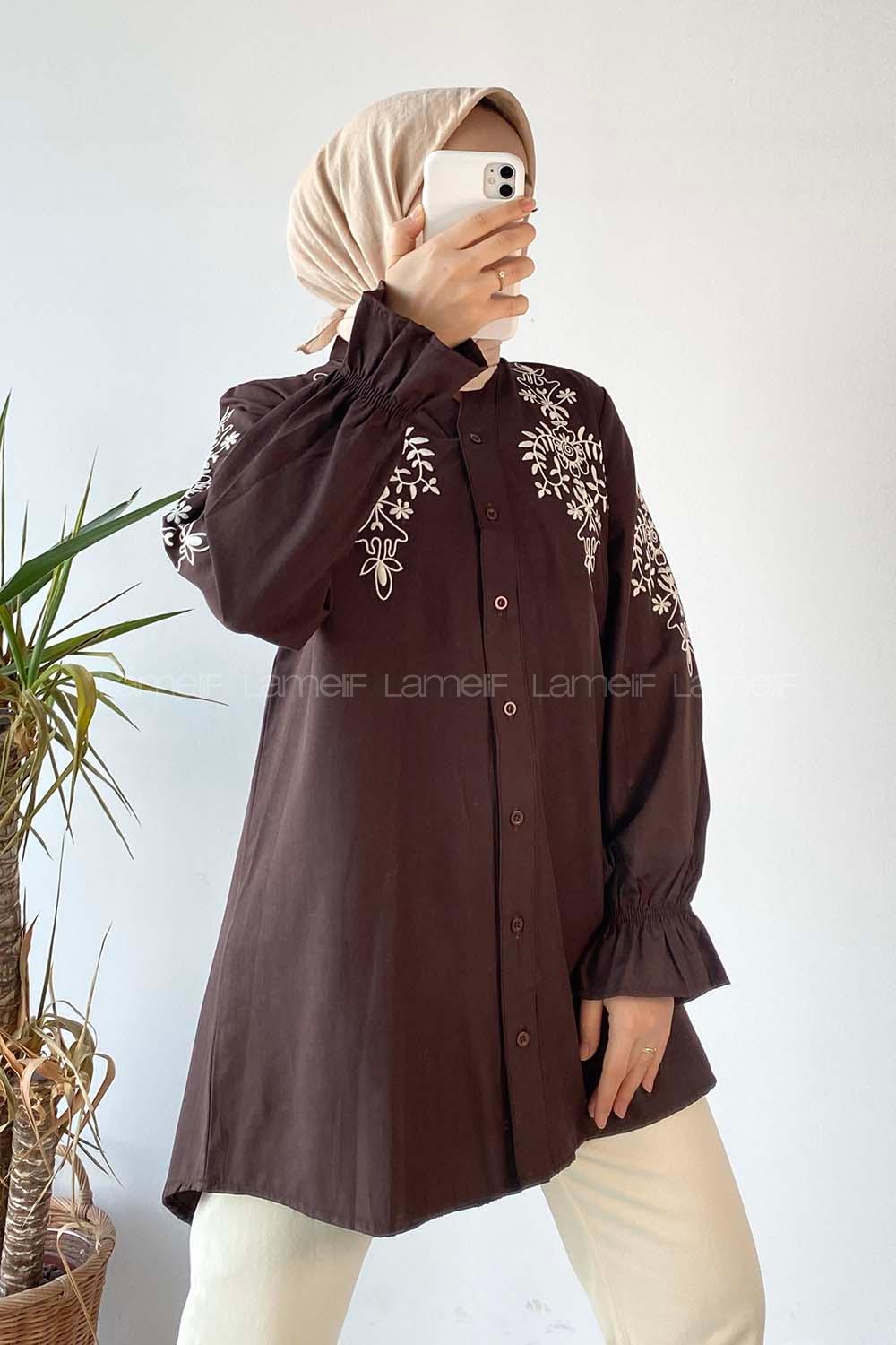 Modalamelif Kol Lastikli Nakış İşlemeli Gömlek Acıkahve