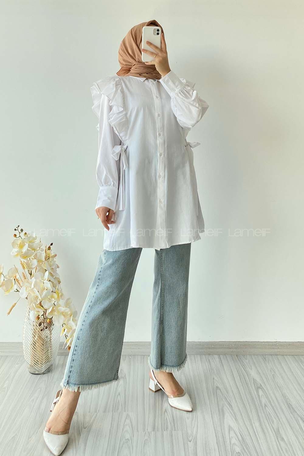 Modalamelif Kuşak Bağlama Detaylı Fırfırlı Tunik Beyaz