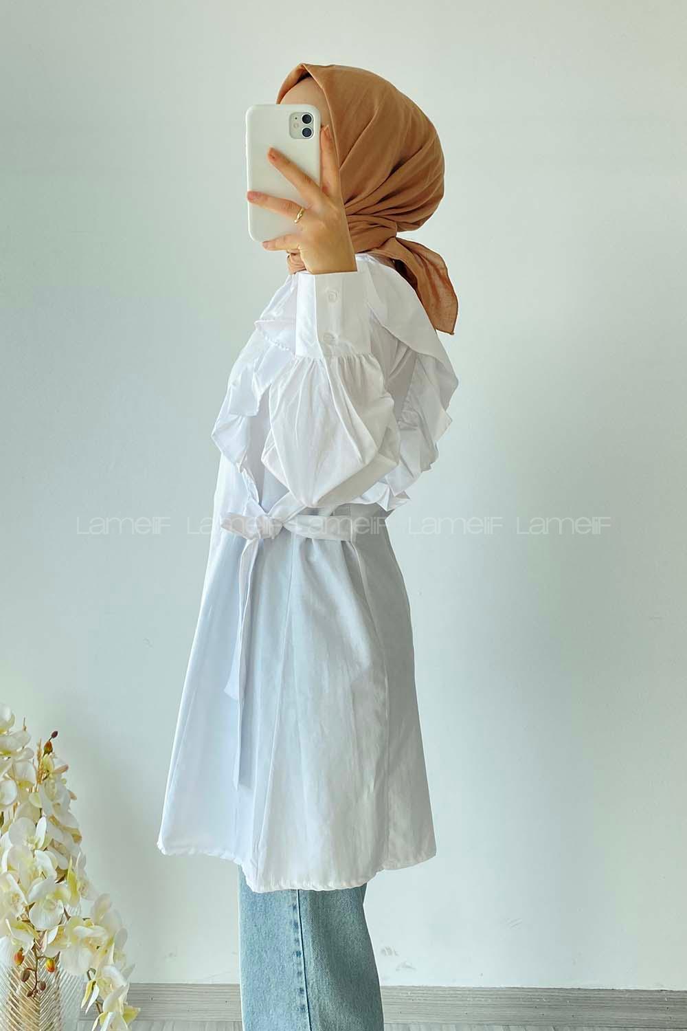 Modalamelif Kuşak Bağlama Detaylı Fırfırlı Tunik Beyaz