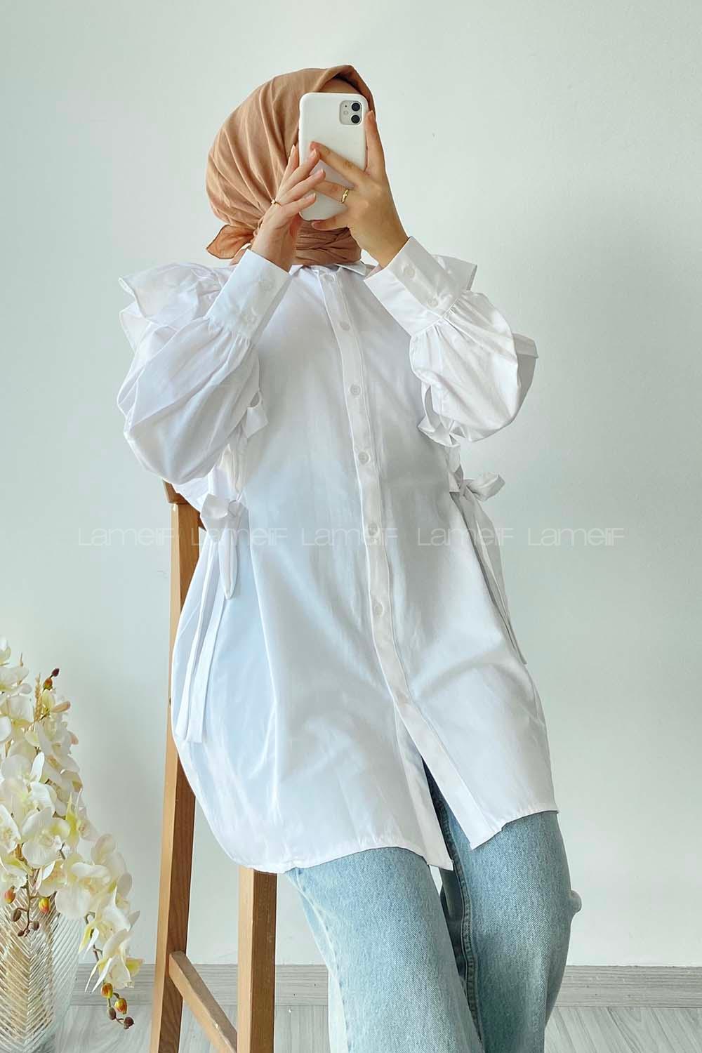 Modalamelif Kuşak Bağlama Detaylı Fırfırlı Tunik Beyaz