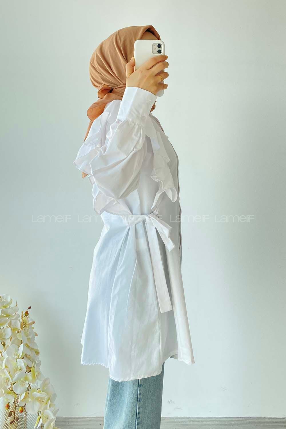 Modalamelif Kuşak Bağlama Detaylı Fırfırlı Tunik Beyaz