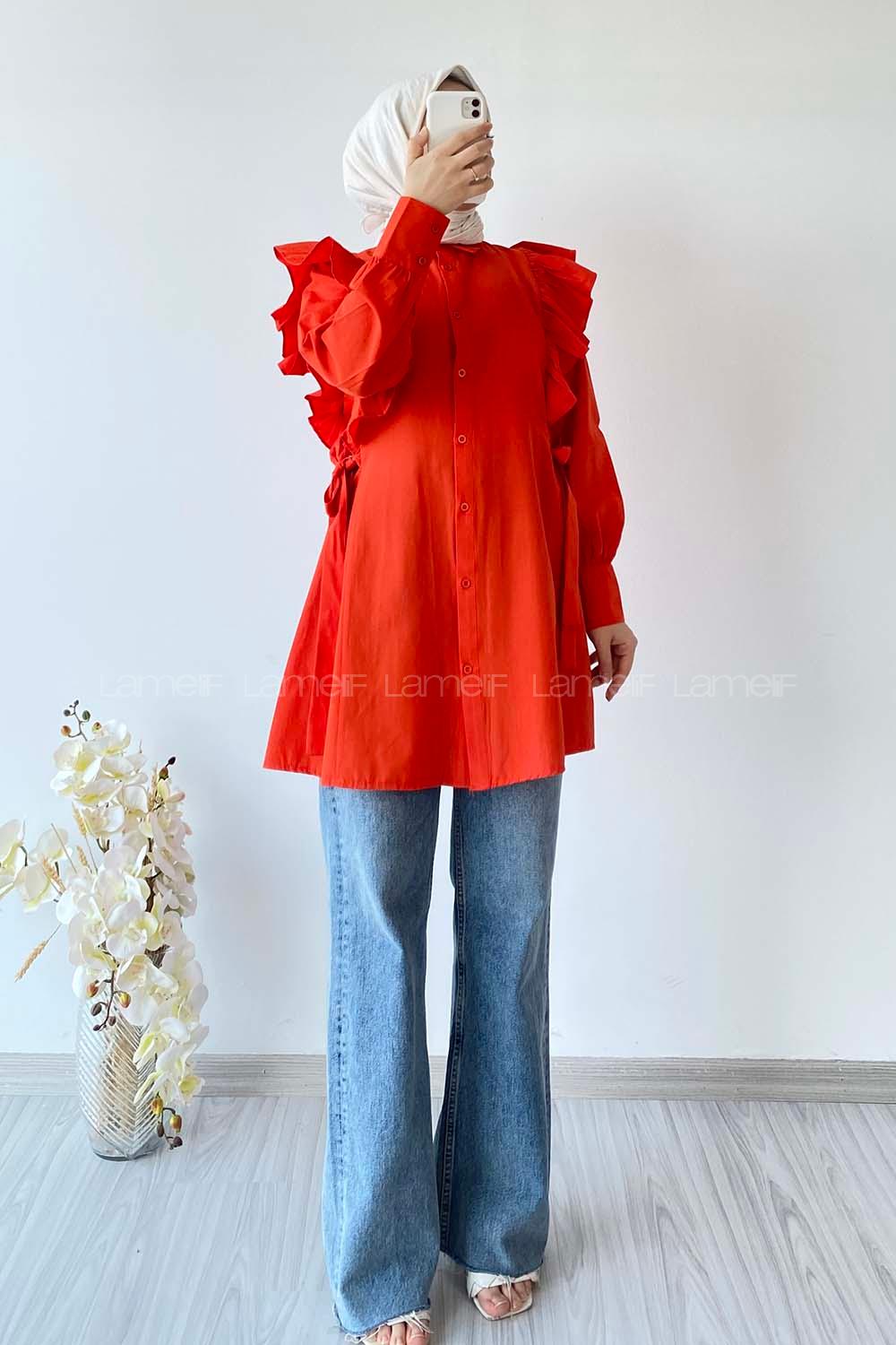 Modalamelif Kuşak Bağlama Detaylı Fırfırlı Tunik Oranj