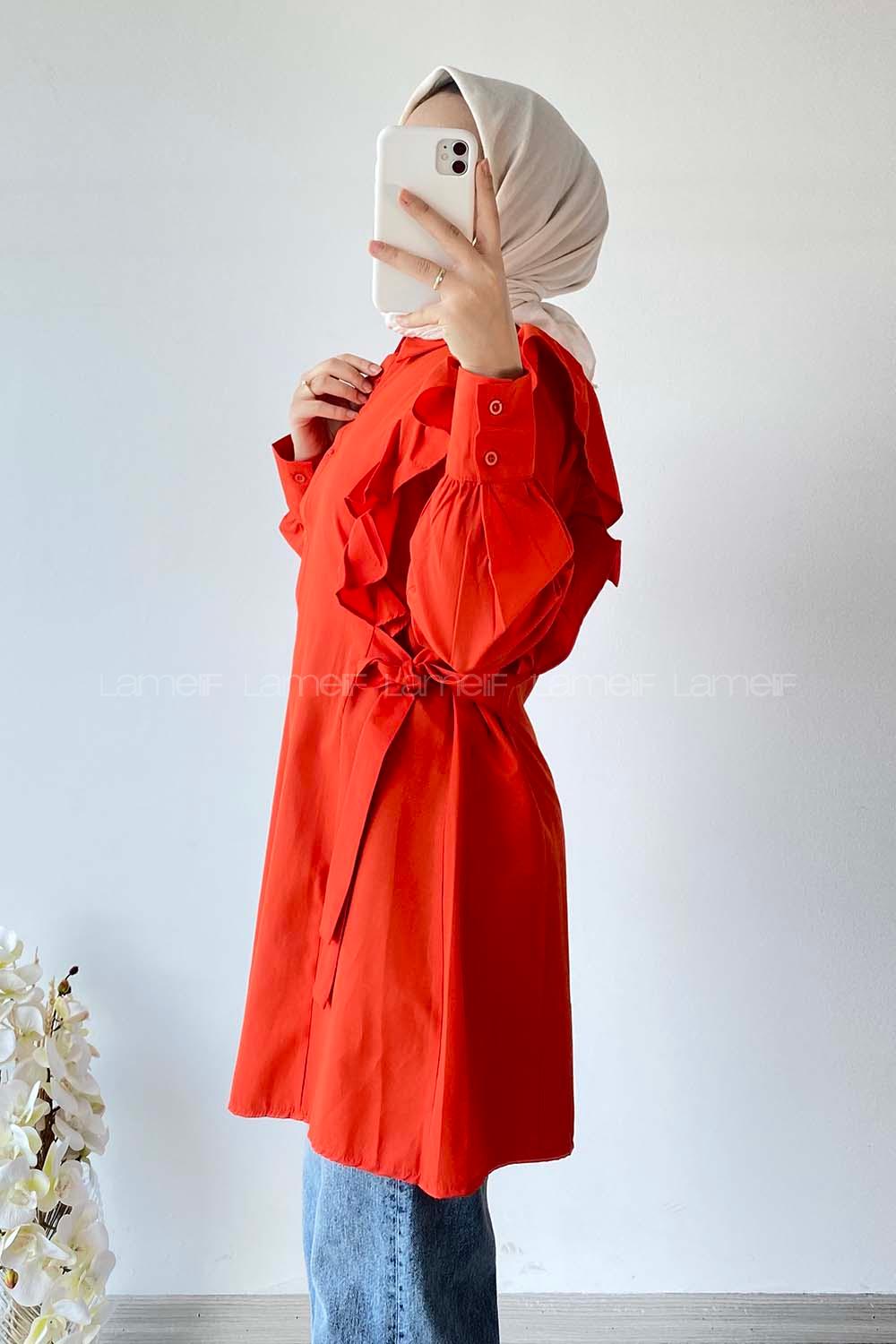 Modalamelif Kuşak Bağlama Detaylı Fırfırlı Tunik Oranj